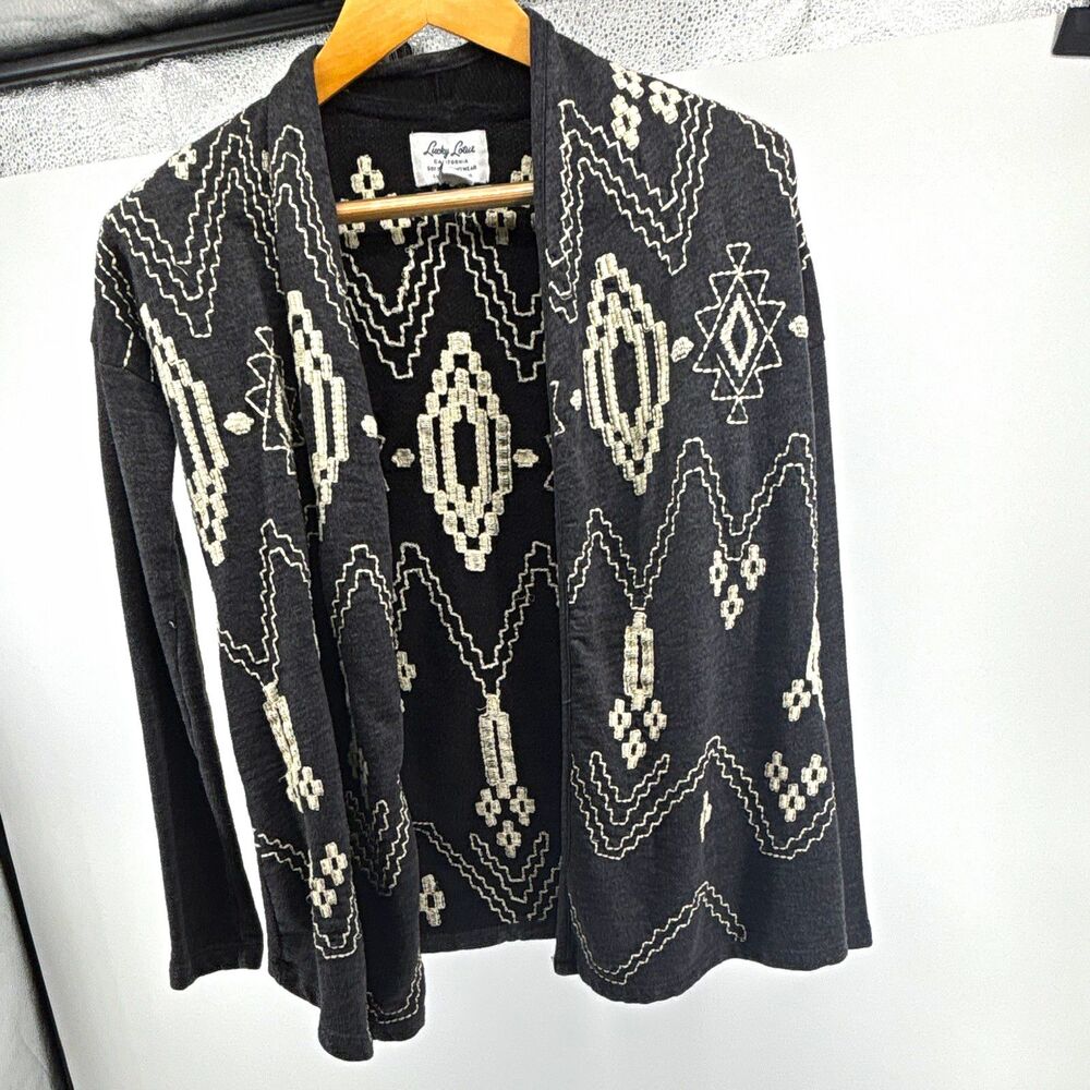 Lucky Brand Women's XS gray Cotton Knit Open Front Aztec Cardigan vintage